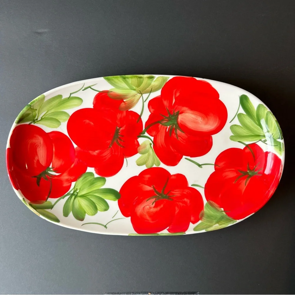 SOLD Vibrant Hand-Painted Ceramic Oval Platter 13", Red Tomatoes, Made in Italy - Picture 9 of 15